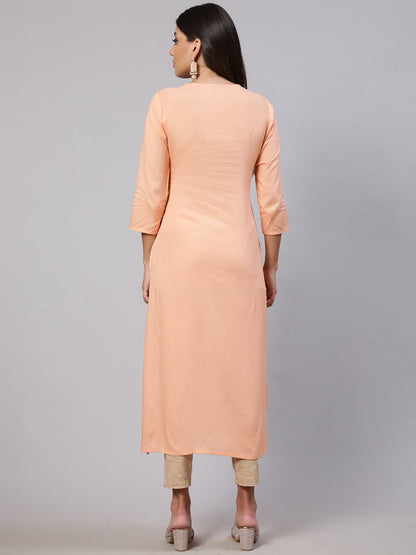 Women's Peach Embroidered Straight Kurta With Three Quarter Sleeves