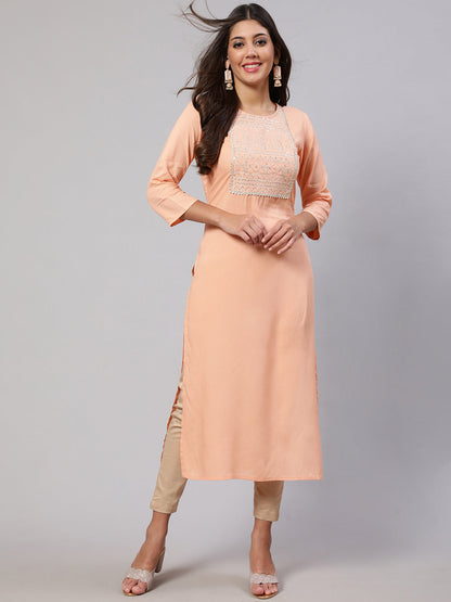 Women's Peach Embroidered Straight Kurta With Three Quarter Sleeves