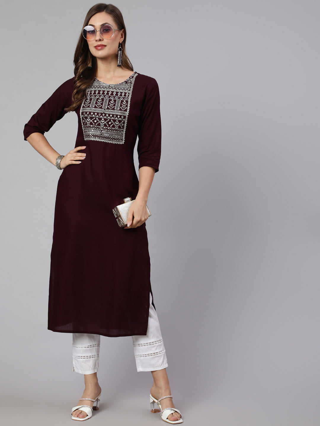 Women's Burgundy Embroidered Straight Kurta With Three Quarter Sleeves