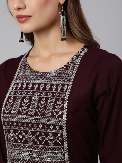 Women's Burgundy Embroidered Straight Kurta With Three Quarter Sleeves