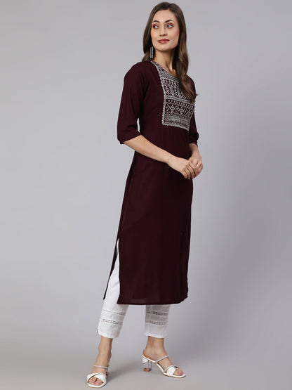 Women's Burgundy Embroidered Straight Kurta With Three Quarter Sleeves