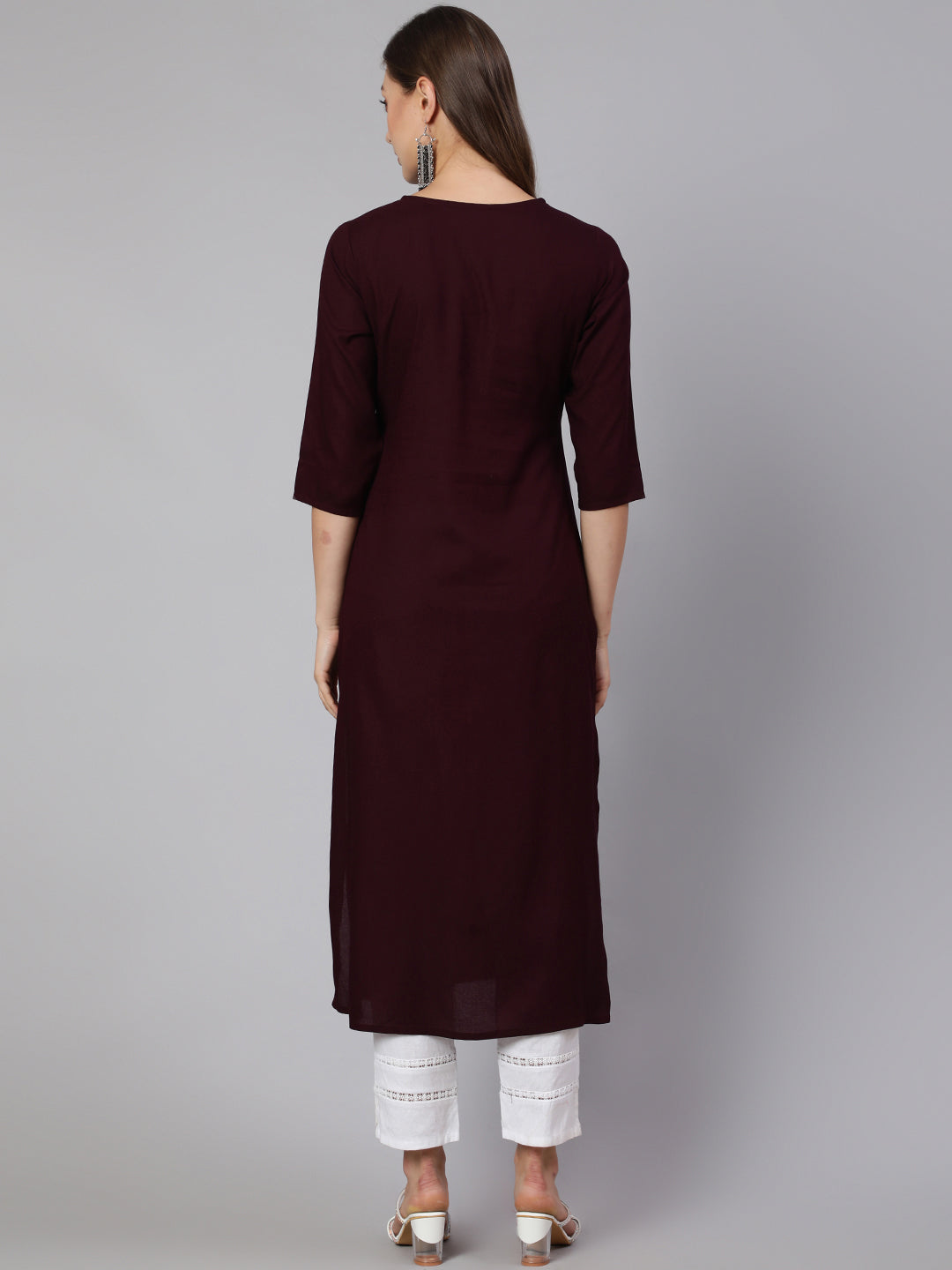 Women's Burgundy Embroidered Straight Kurta With Three Quarter Sleeves
