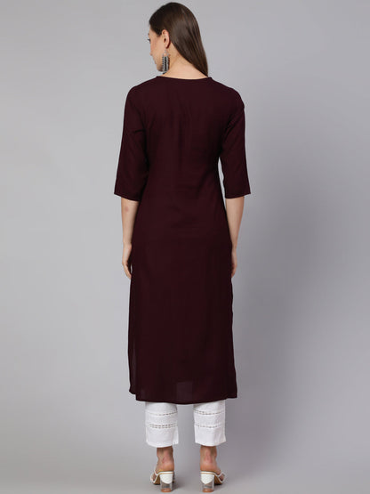Women's Burgundy Embroidered Straight Kurta With Three Quarter Sleeves
