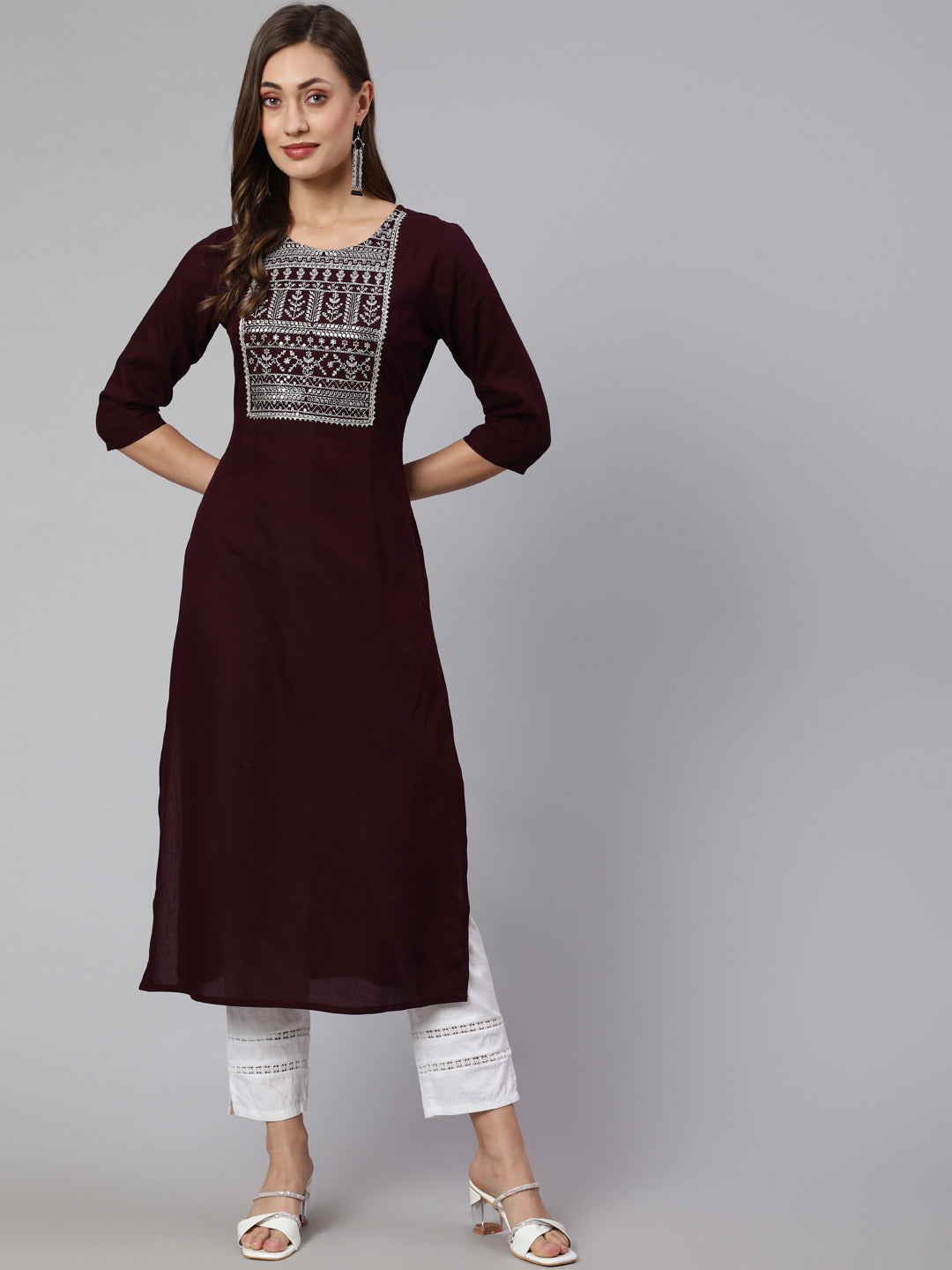Women's Burgundy Embroidered Straight Kurta With Three Quarter Sleeves