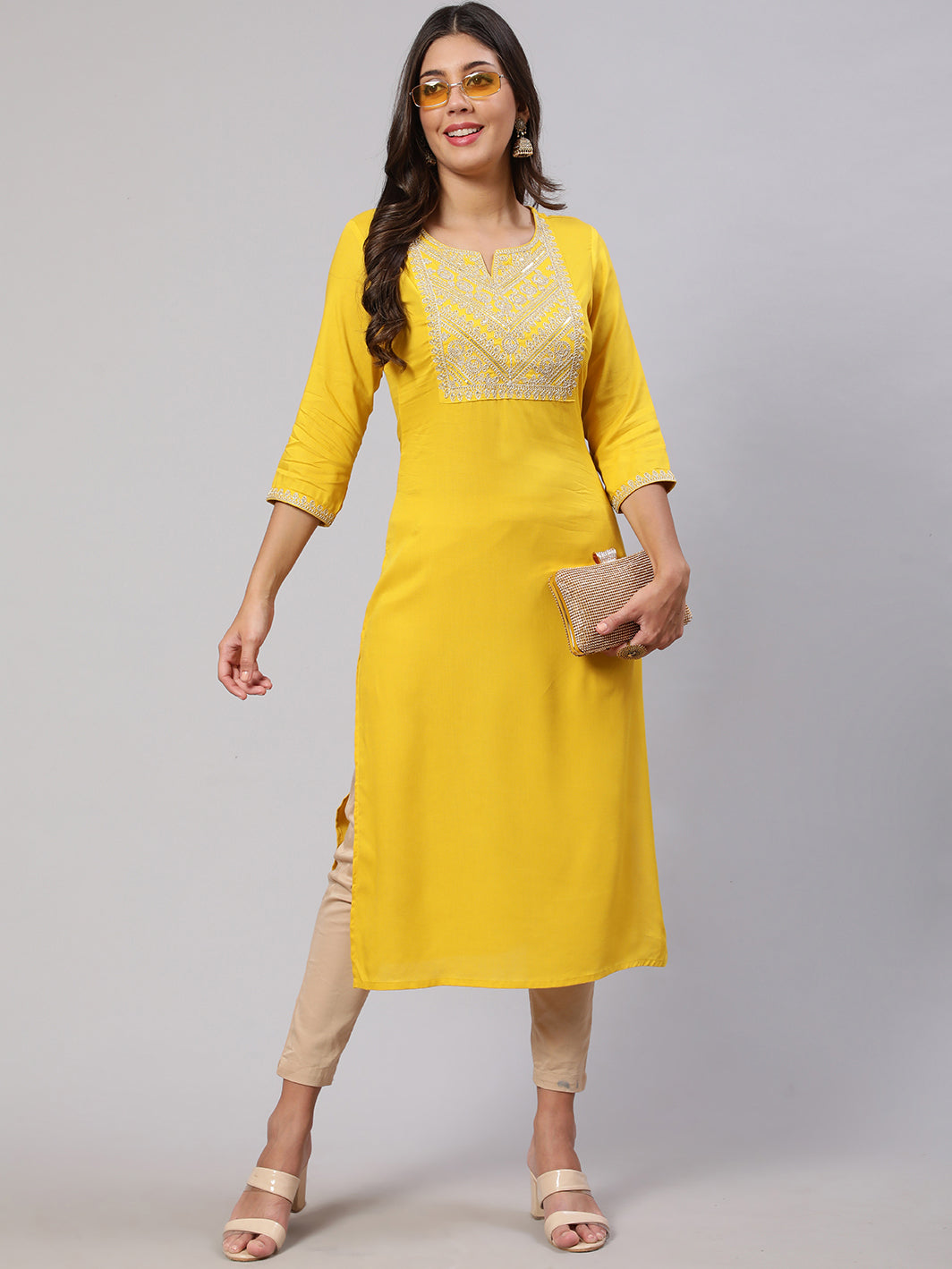 Women's Yellow Embroidered Yoke Desgin Straight Kurta
