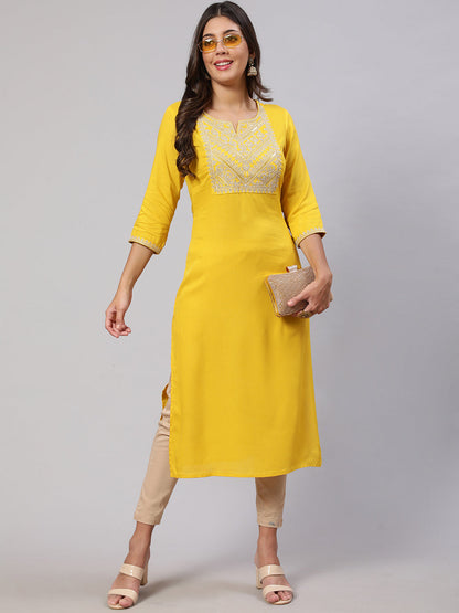 Women's Yellow Embroidered Yoke Desgin Straight Kurta