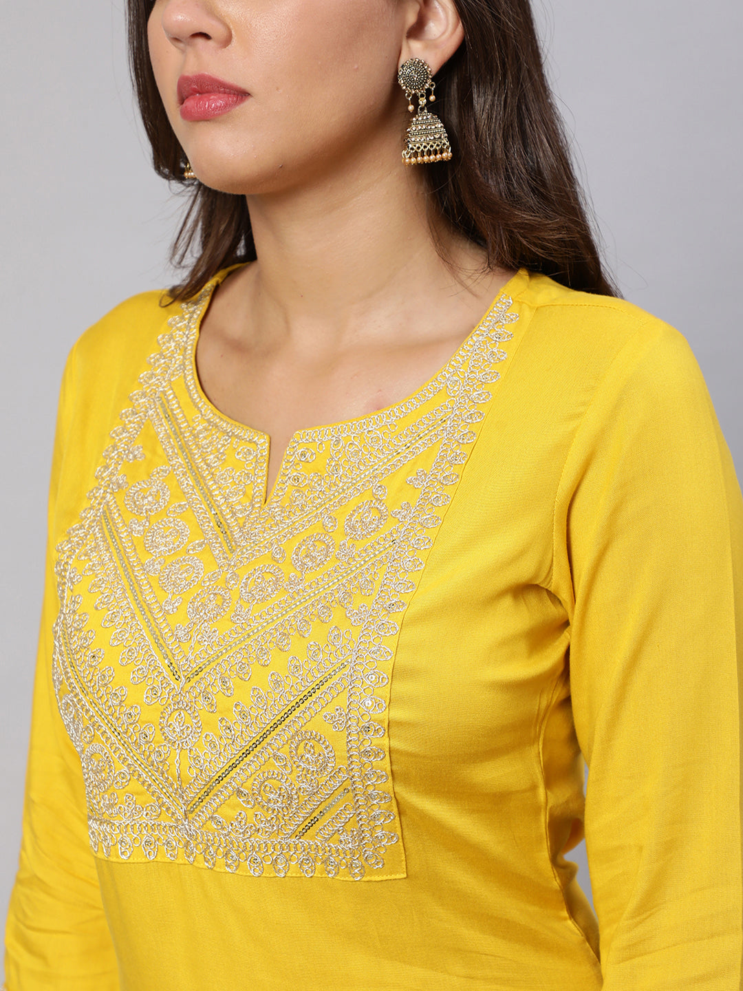 Women's Yellow Embroidered Yoke Desgin Straight Kurta