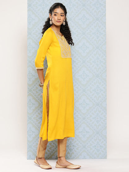 Women's Yellow Embroidered Yoke Desgin Straight Kurta
