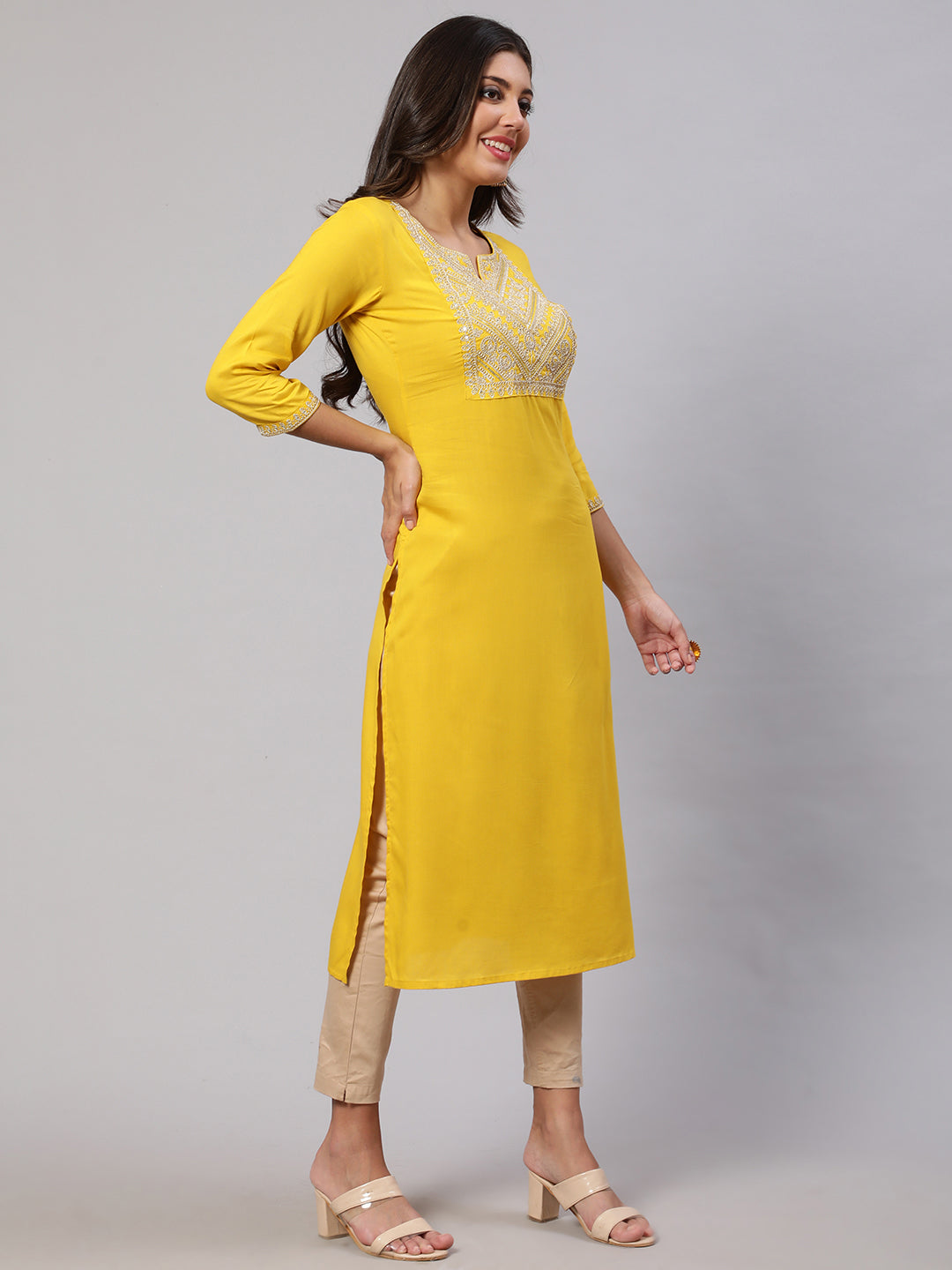 Women's Yellow Embroidered Yoke Desgin Straight Kurta