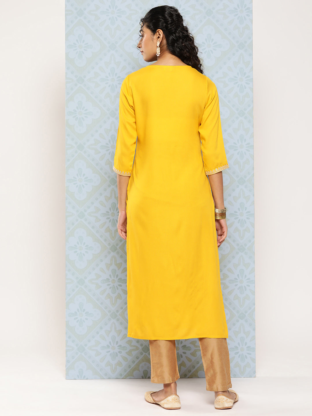 Women's Yellow Embroidered Yoke Desgin Straight Kurta