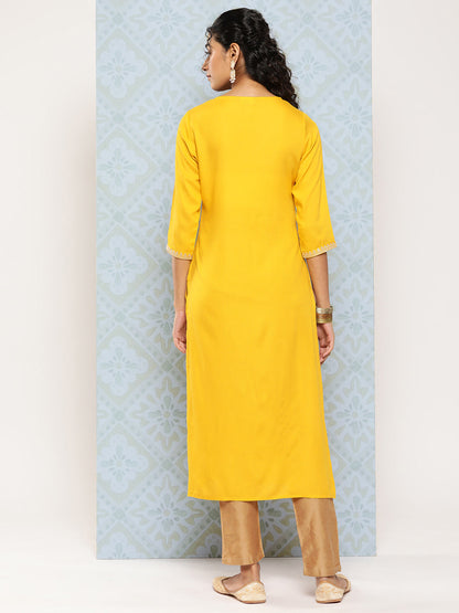 Women's Yellow Embroidered Yoke Desgin Straight Kurta