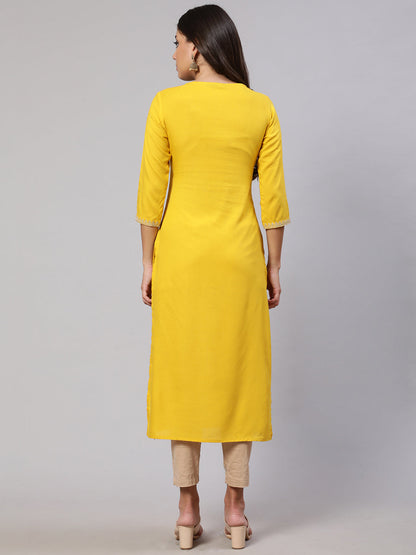 Women's Yellow Embroidered Yoke Desgin Straight Kurta