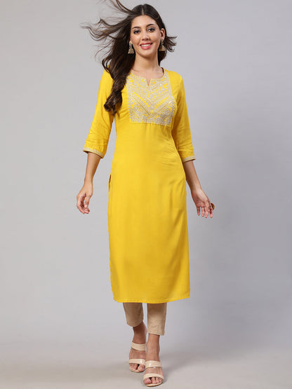 Women's Yellow Embroidered Yoke Desgin Straight Kurta
