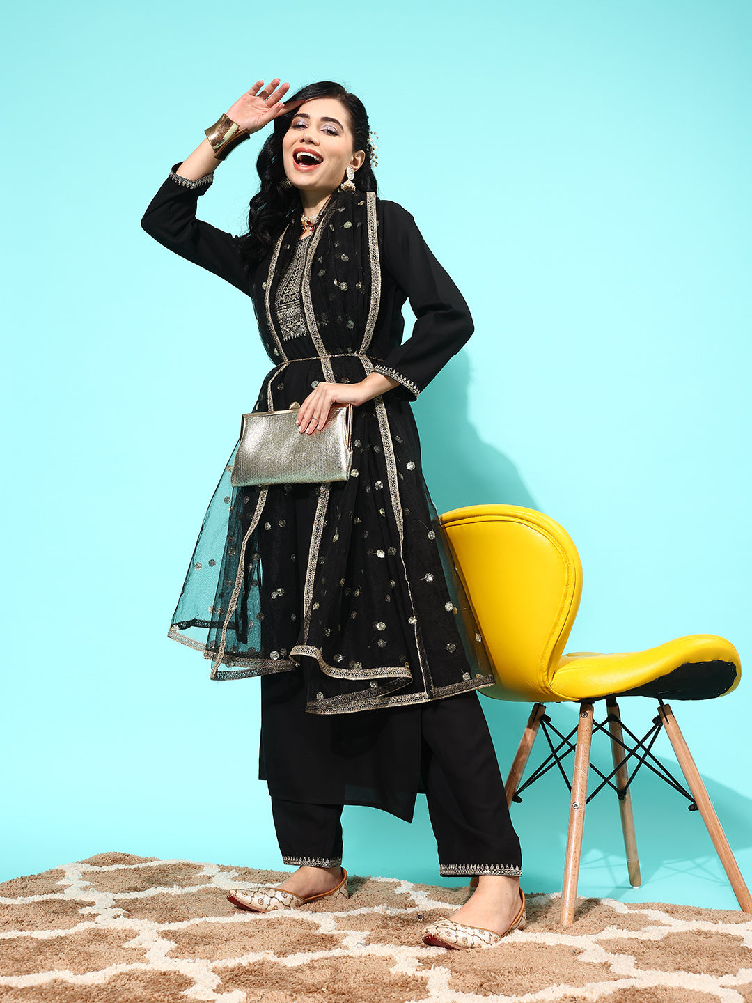 Women's Black Embroidered Straight Kurta With Palazzo And Net Dupatta