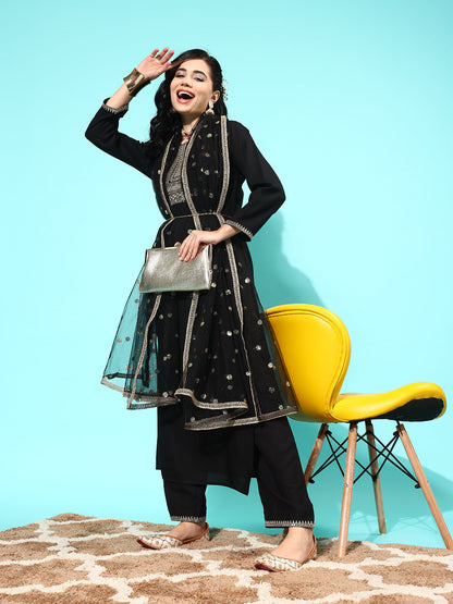 Women's Black Embroidered Straight Kurta With Palazzo And Net Dupatta