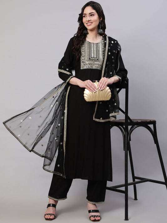 Women's Black Embroidered Straight Kurta With Palazzo And Net Dupatta