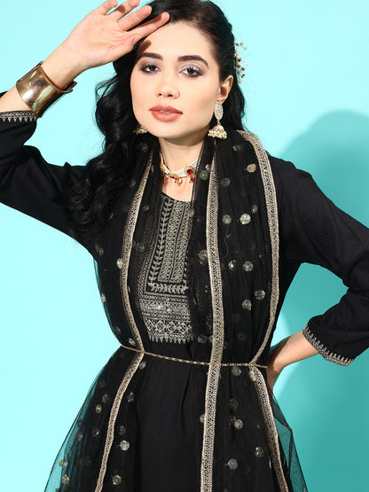 Women's Black Embroidered Straight Kurta With Palazzo And Net Dupatta