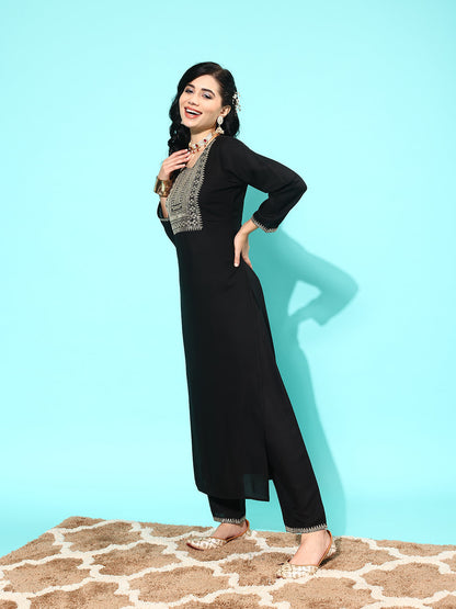 Women's Black Embroidered Straight Kurta With Palazzo And Net Dupatta