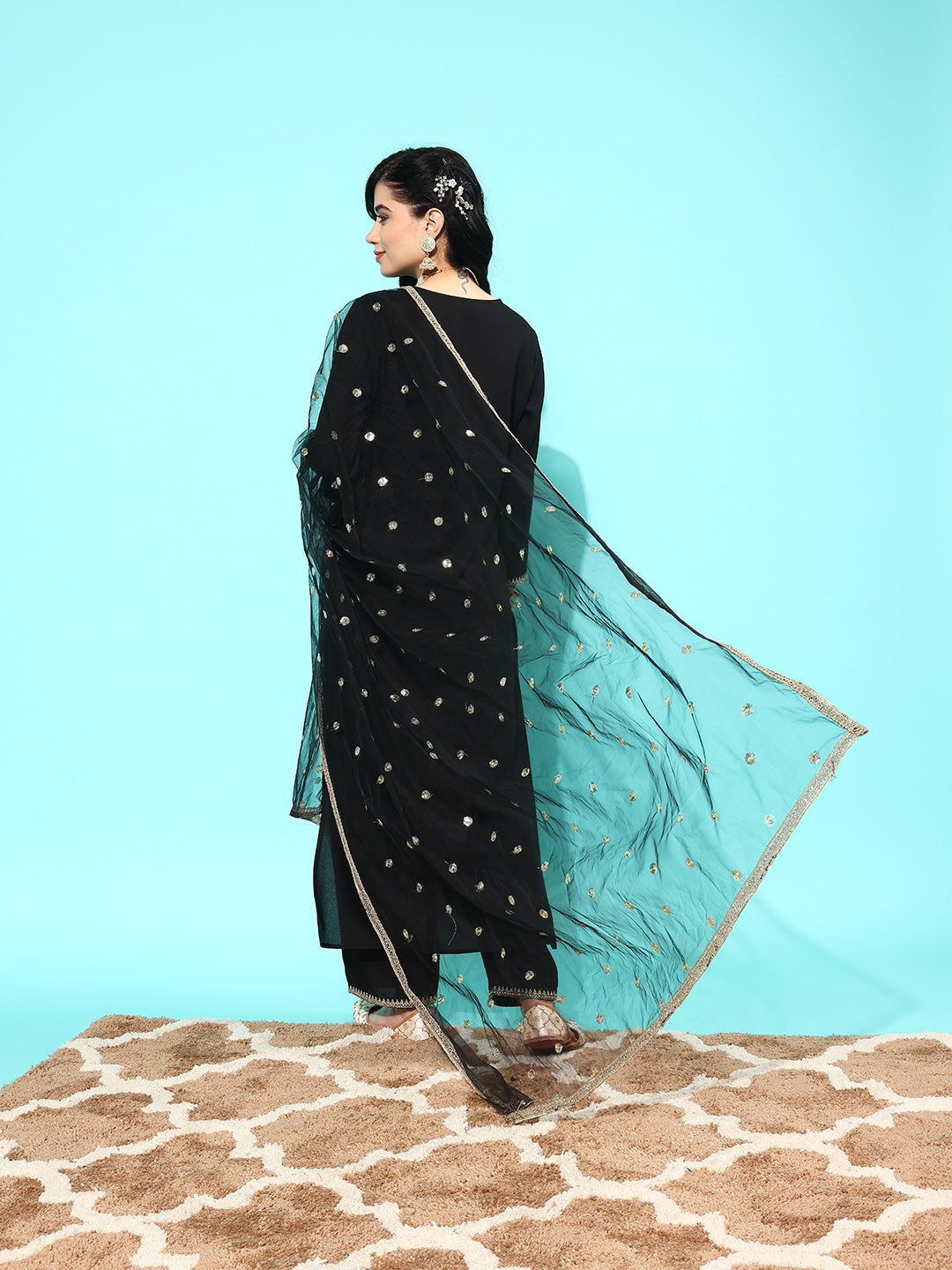 Women's Black Embroidered Straight Kurta With Palazzo And Net Dupatta