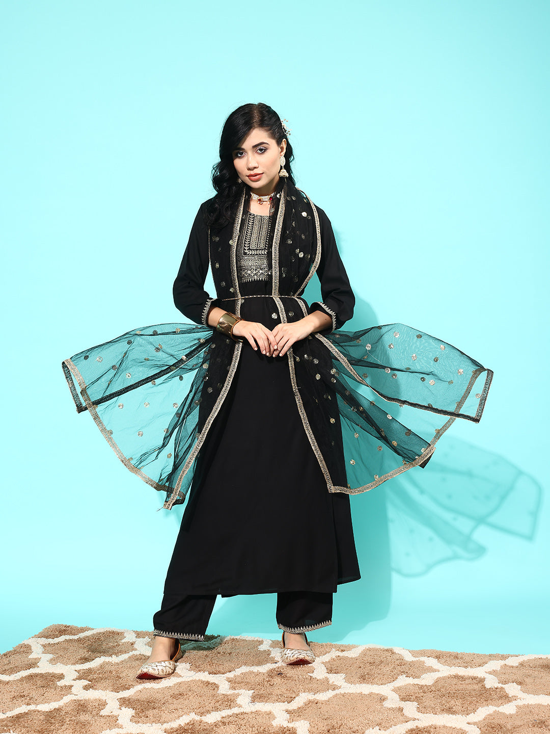 Women's Black Embroidered Straight Kurta With Palazzo And Net Dupatta