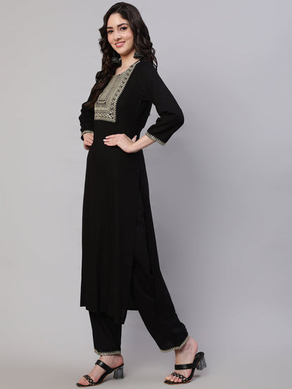 Women's Black Embroidered Straight Kurta With Palazzo And Net Dupatta