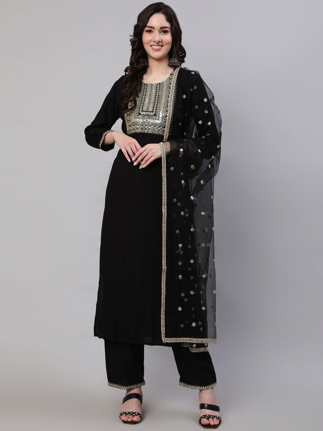 Women's Black Embroidered Straight Kurta With Palazzo And Net Dupatta