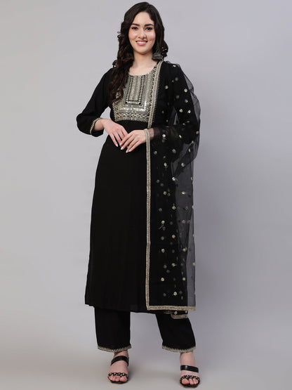Women's Black Embroidered Straight Kurta With Palazzo And Net Dupatta