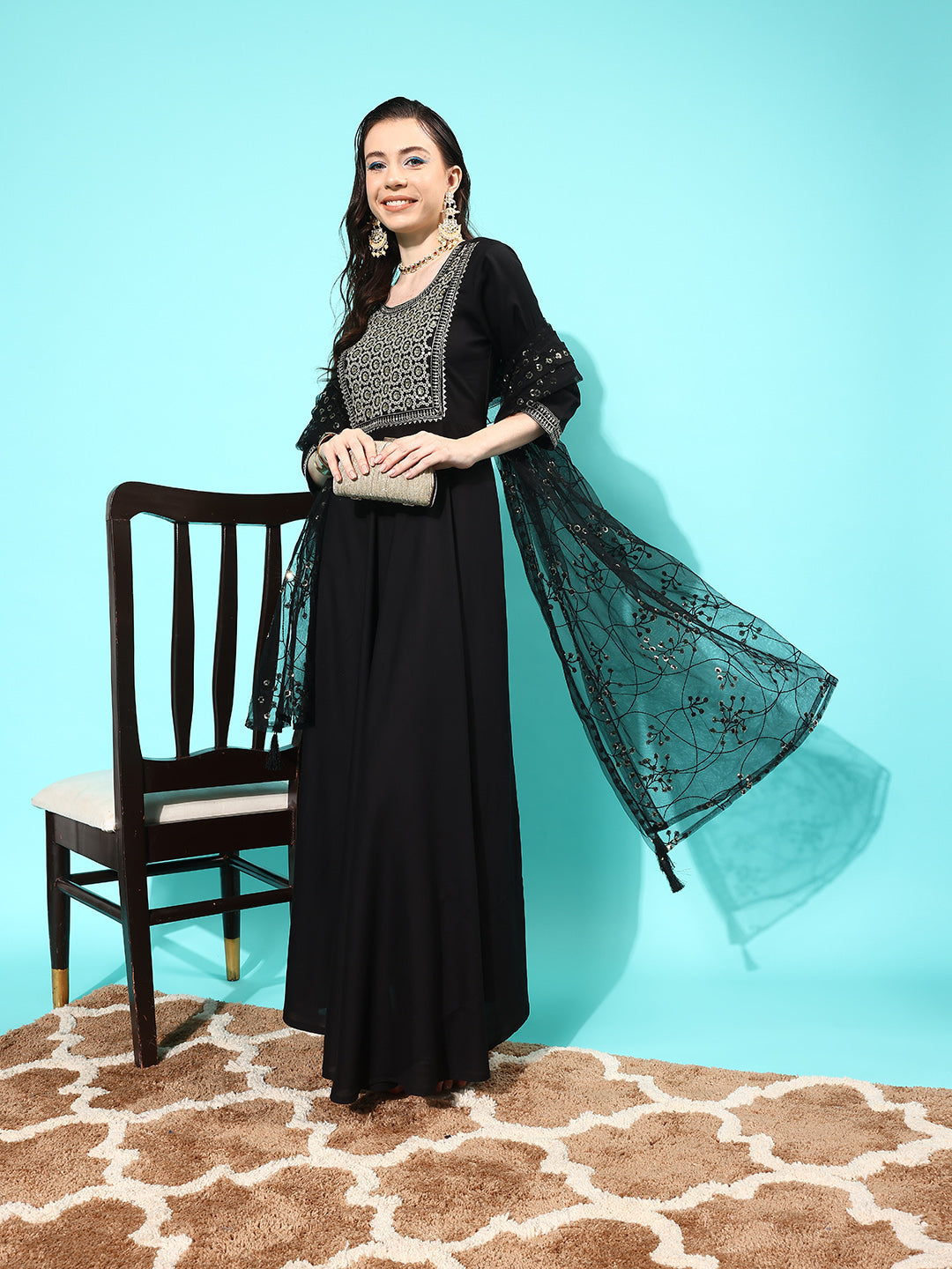 Women's Black Embroidered Solid Dress With Net Secquanc Dupatta