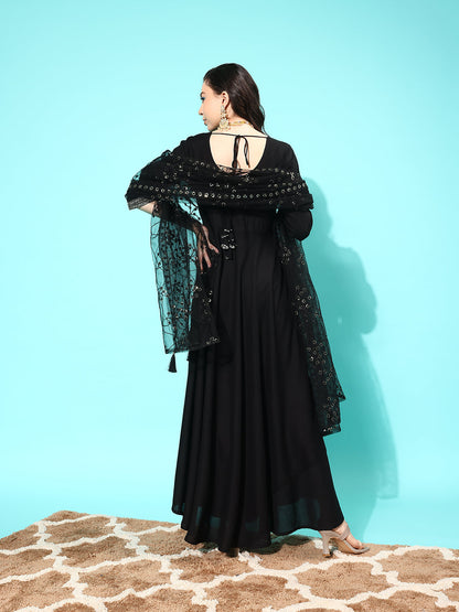 Women's Black Embroidered Solid Dress With Net Secquanc Dupatta