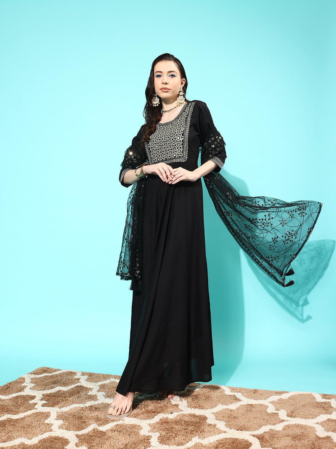 Women's Black Embroidered Solid Dress With Net Secquanc Dupatta