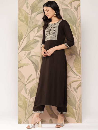 Women's Brown Embroidered Straight Kurta With Palazzo And Dupatta