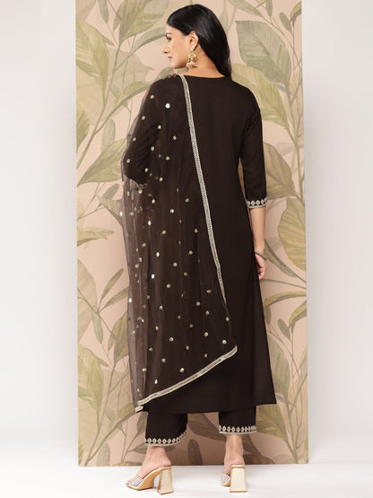 Women's Brown Embroidered Straight Kurta With Palazzo And Dupatta
