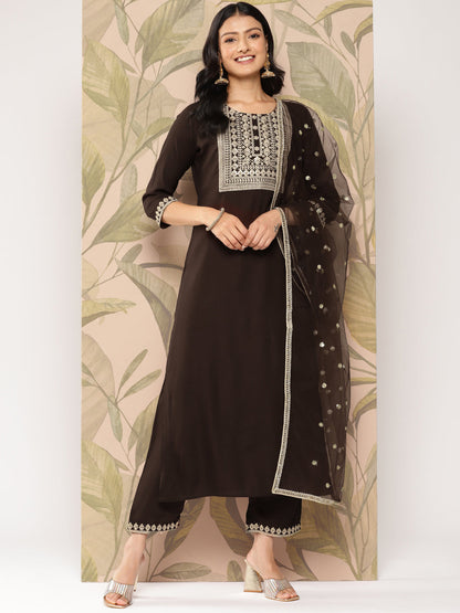 Women's Brown Embroidered Straight Kurta With Palazzo And Dupatta