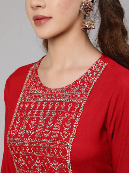 Women's Red Embroidered Straight Kurta With Palazzo And Net Dupatta