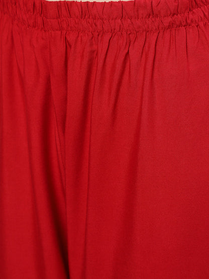 Women's Red Embroidered Straight Kurta With Palazzo And Net Dupatta