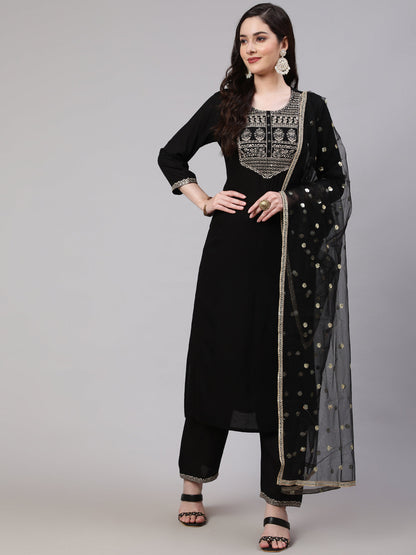 Women's Black Embroidered Straight Kurta With Palazzo And Net Dupatta