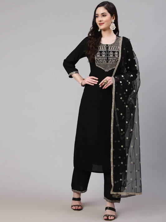 Women's Black Embroidered Straight Kurta With Palazzo And Net Dupatta
