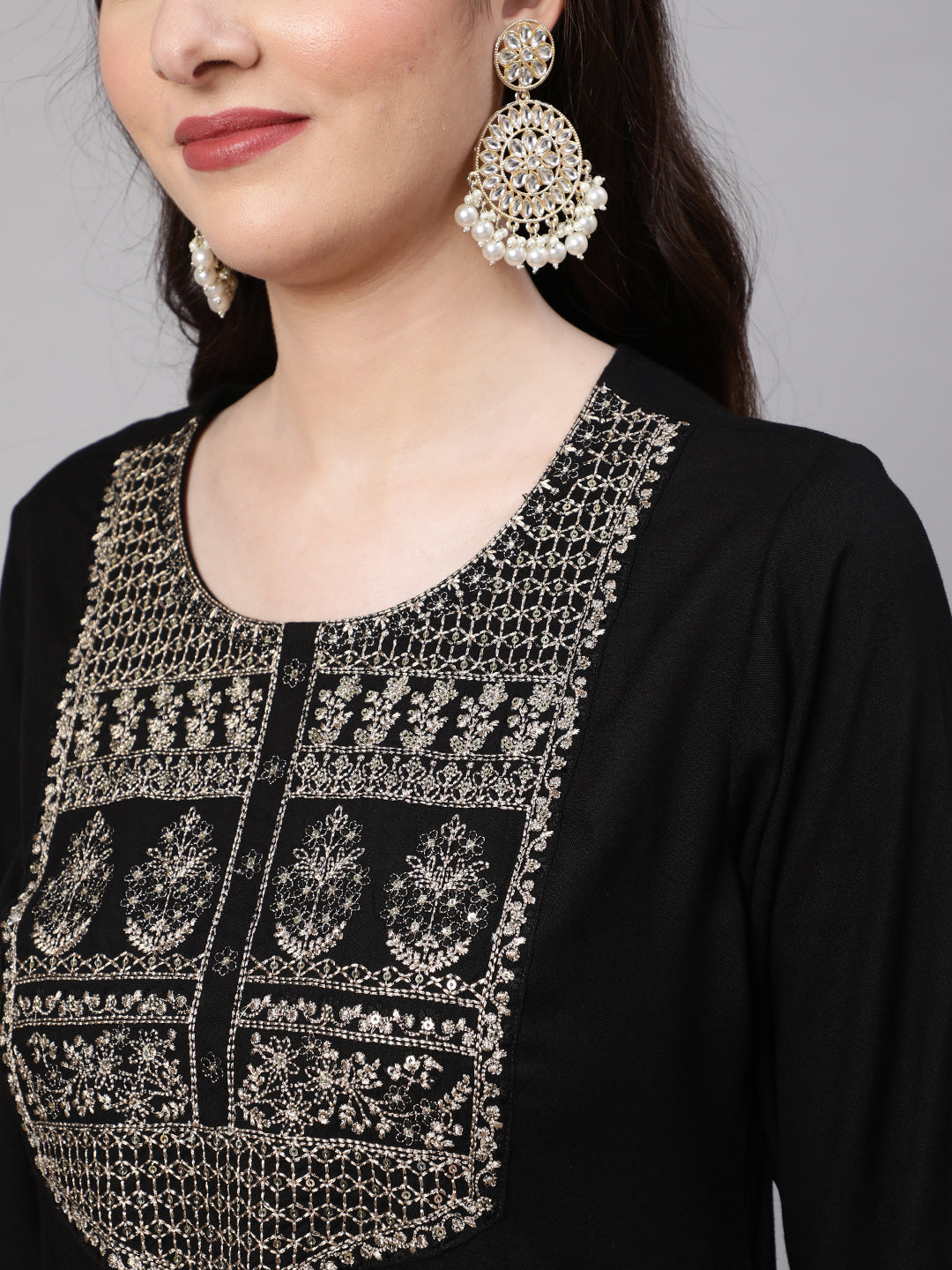 Women's Black Embroidered Straight Kurta With Palazzo And Net Dupatta