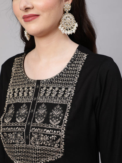 Women's Black Embroidered Straight Kurta With Palazzo And Net Dupatta
