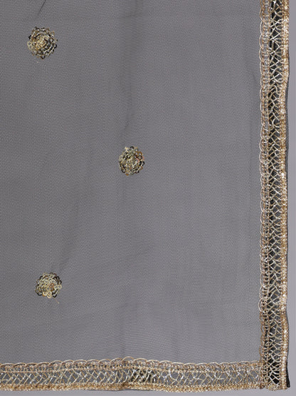 Women's Black Embroidered Straight Kurta With Palazzo And Net Dupatta