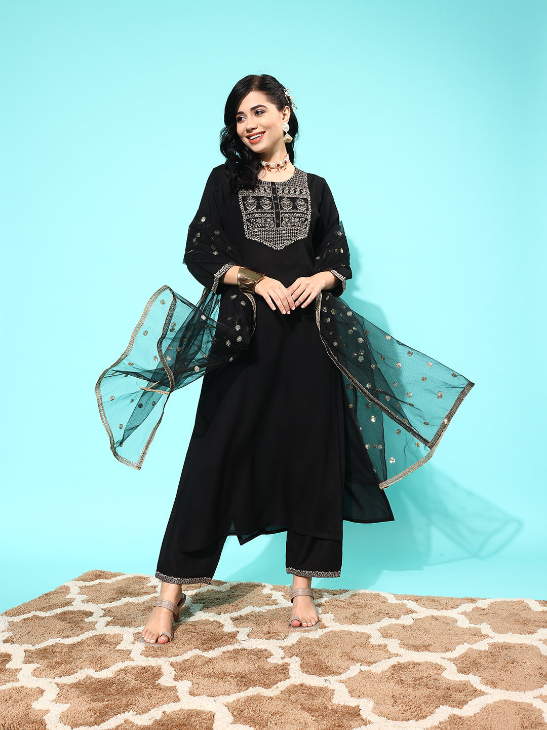 Women's Black Embroidered Straight Kurta With Palazzo And Net Dupatta
