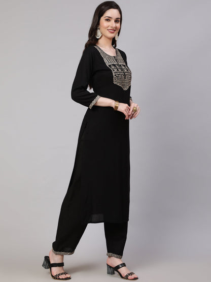 Women's Black Embroidered Straight Kurta With Palazzo And Net Dupatta