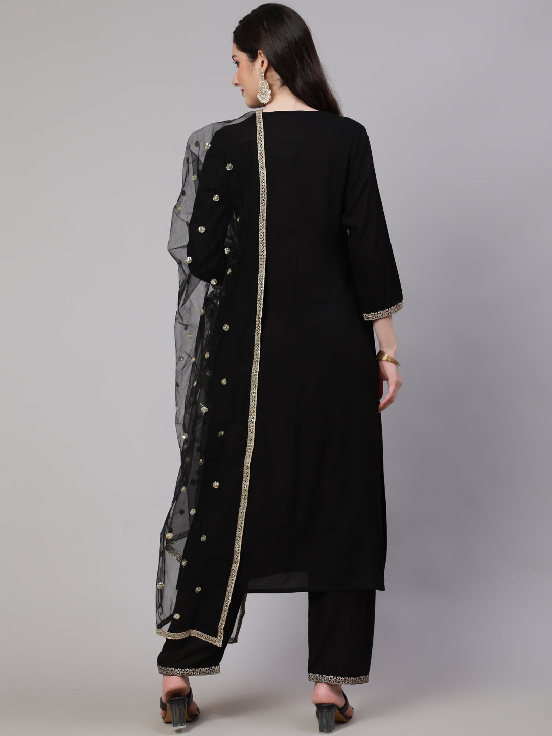 Women's Black Embroidered Straight Kurta With Palazzo And Net Dupatta