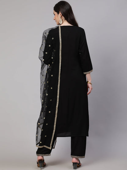 Women's Black Embroidered Straight Kurta With Palazzo And Net Dupatta
