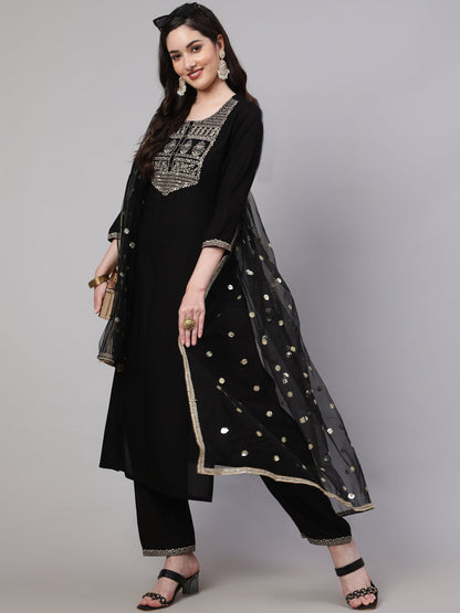 Women's Black Embroidered Straight Kurta With Palazzo And Net Dupatta
