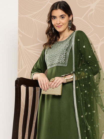 Women's Green Embroidered Straight Kurta With Palazzo And Dupatta