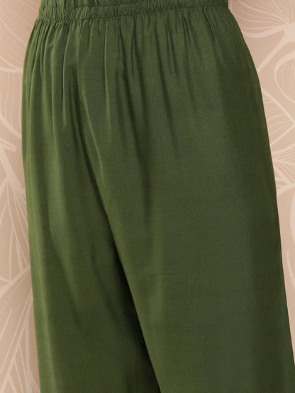 Women's Green Embroidered Straight Kurta With Palazzo And Dupatta