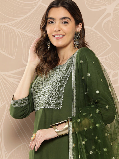 Women's Green Embroidered Straight Kurta With Palazzo And Dupatta