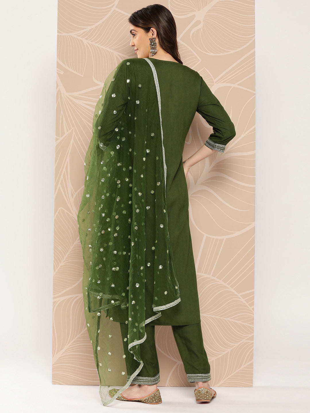 Women's Green Embroidered Straight Kurta With Palazzo And Dupatta