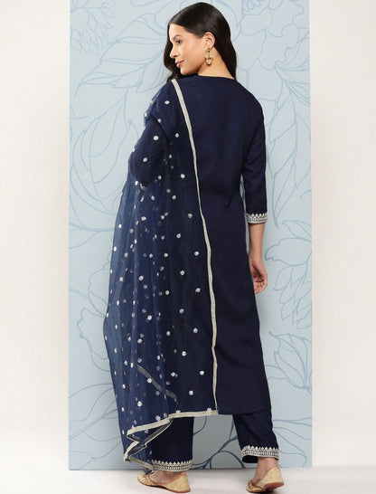 Women's Navy Blue Embroidered Straight Kurta With Palazzo And Net Dupatta